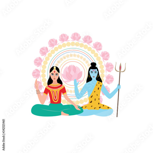 Parvati and Shiva - Indian gods from Hinduism religion sitting in lotus pose