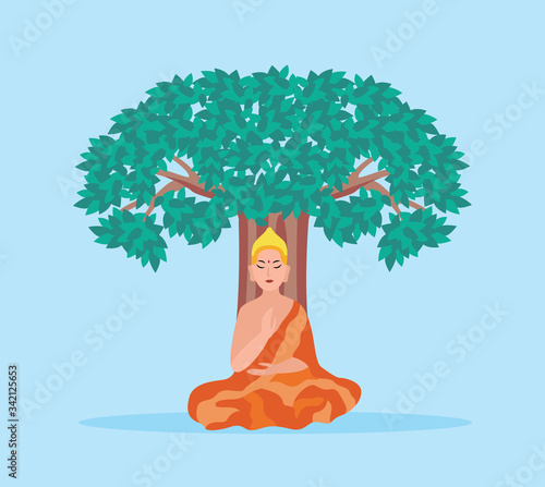 Cartoon Buddha sitting under a tree - Hinduism religion god in lotus pose