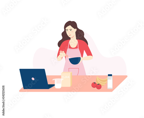 Cooking class, distance education, training and courses. Female student studies cooking online with her laptop at home. Vector cartoon illustration for banner, flyer, poster.