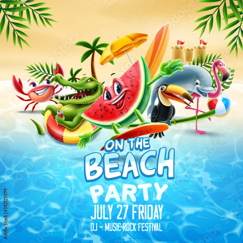 Summer characters have fun at a beach party