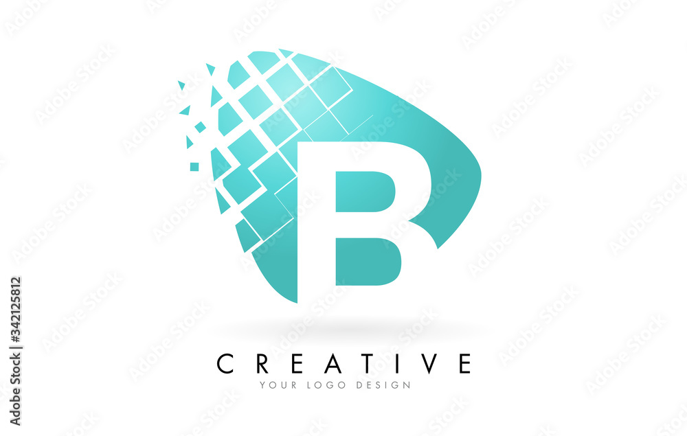 Letter B Design with Aqua Green Shattered Blocks Vector Illustration. Pixel art of the B letter logo. 