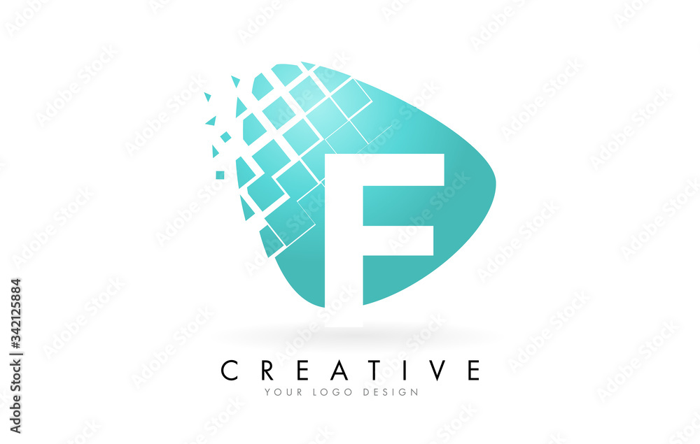 Letter F Design with Aqua Green Shattered Blocks Vector Illustration. Pixel art of the F letter logo. Letter F Design with Aqua Green Shattered Blocks Vector Illustration. Pixel art of the F letter logo.