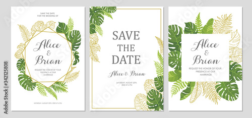 Wedding invitation set. Cards with tropical green leaves and line art graphic. Floral border. Save the date, invite, birthday card design. Vector illustration.