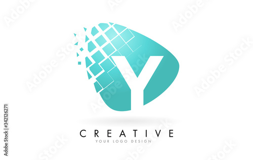 Letter Y Design with Aqua Green Shattered Blocks Vector Illustration. Pixel art of the Y letter logo. 
