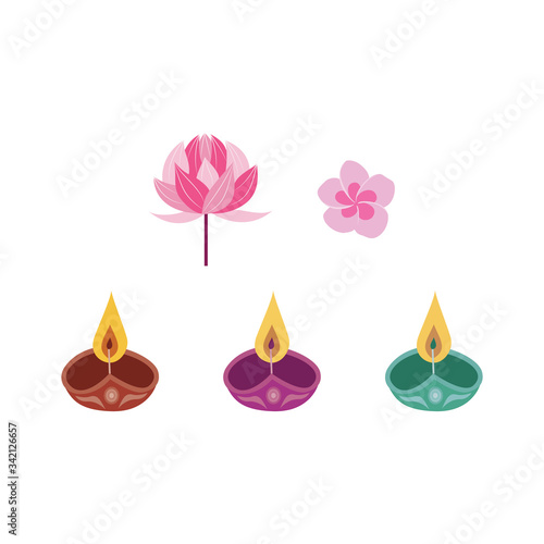 Diwali candle and flowers set - traditional Indian festival symbols