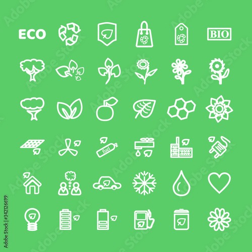 Set of White Eco Icons on green in flat thin line style. Ecology  Nature  Energy  Environment and Recycle Icons