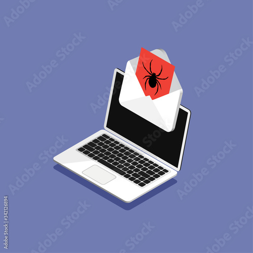 Isometric design of laptop and envelope with a virus. Hacking mail or computer. Getting a pirated or infected letter. Vector illustration. Isolated.