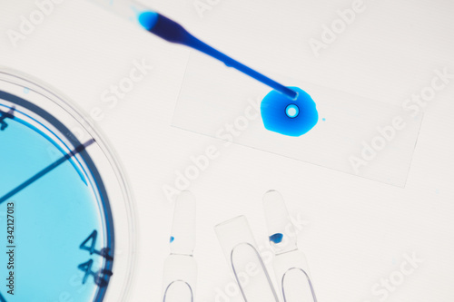 Close-up of tube with blue samples it's medical exam in the lab