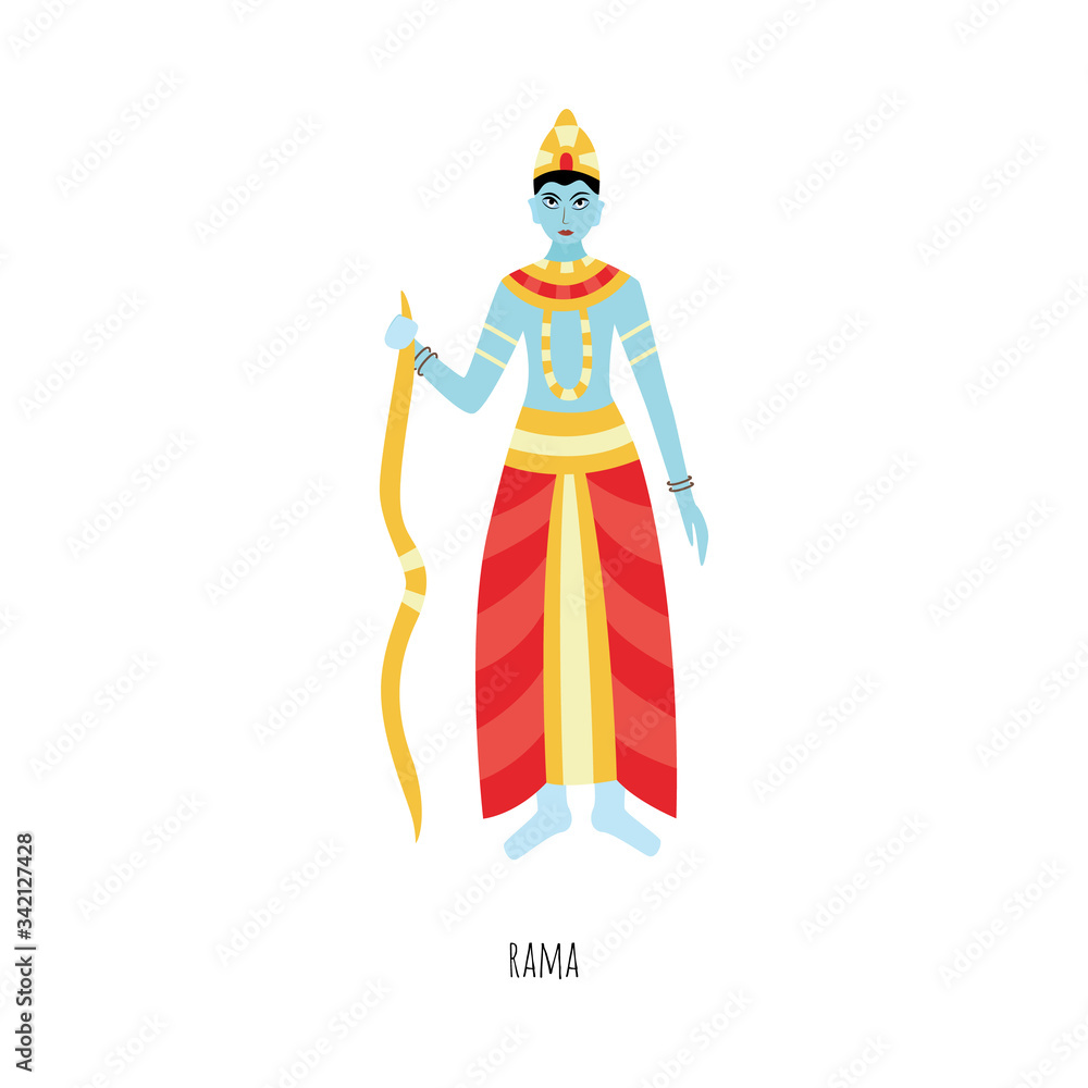 Cartoon Rama - isolated Hindu god with blue skin from Ramayana poem
