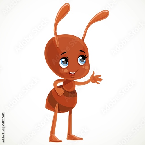 Cute cartoon ant tells something and shows aside with his hand isolated on white background