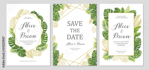 Wedding invitation set. Cards with tropical green leaves and line art graphic. Floral border. Save the date, invite, birthday card design. Vector illustration.