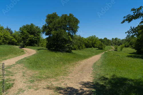 Fototapeta Naklejka Na Ścianę i Meble -  Dirt track in a city park on a sunny spring day.
