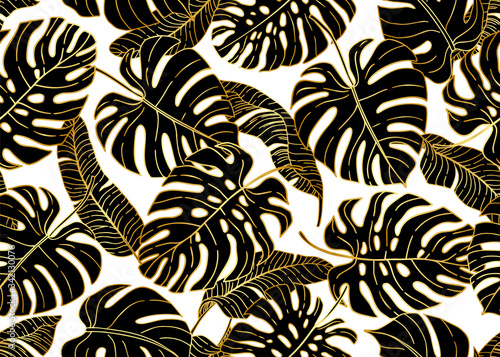 Gold and black seamless pattern with different tropical leaves. Vector illustration.