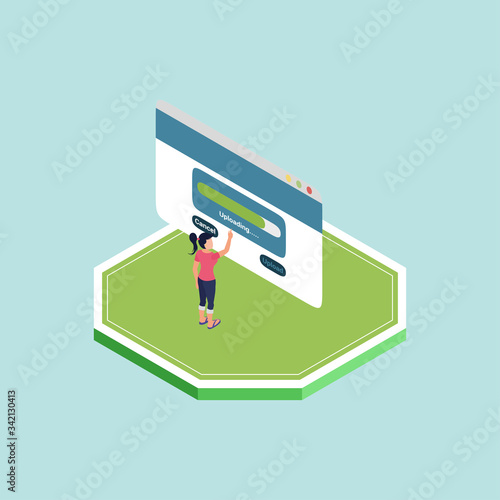Isometric 3d vector illustration - a woman standing opening website screen uploading a selling content - Website landing page