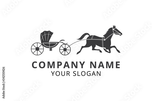 Transportation company logo or card with carriage, flat vector illustration.