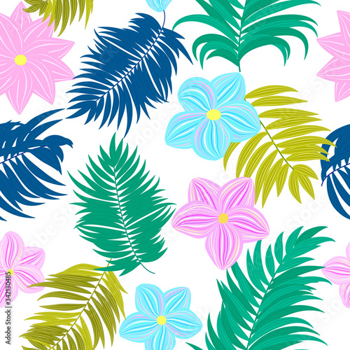 Vector tropical jungle seamless pattern with palm trees leaves and flowers