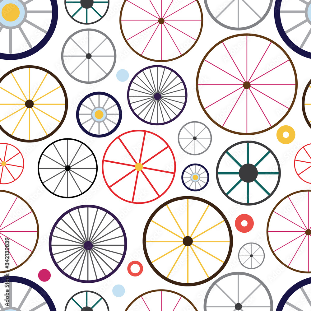 Vintage carriage wheels seamless pattern on white background
