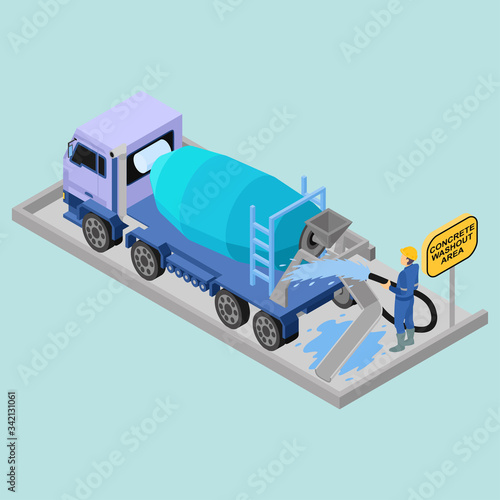 Isometric 3d vector illustration - Waste and Housekeeping in Construction Sites Management - Concrete washout area, working man, concrete truck