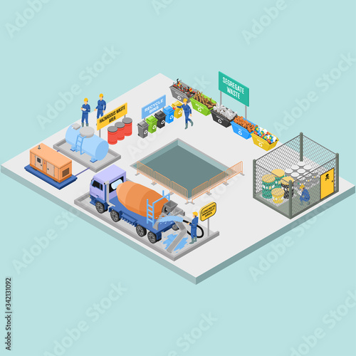 Isometric 3d vector illustration - Waste and Housekeeping in Construction Management - various recycling bins, concrete truck, generator, oil tank