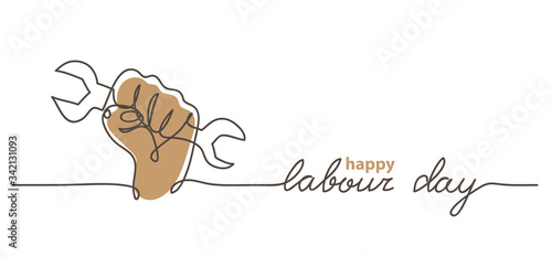 Happy Labour Day simple vector web banner. Hand, first and wrench. Lettering Labour Day. Minimalist background, banner, poster.