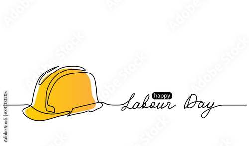 Happy Labour Day simple vector web background. Yellow hard hat. Lettering Labour Day. Minimalist background, banner, poster.