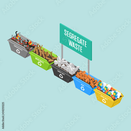 Isometric 3d vector illustration - Waste and Housekeeping in Construction Sites Management - wood, concrete, metal, plastic, bricks recycle bins