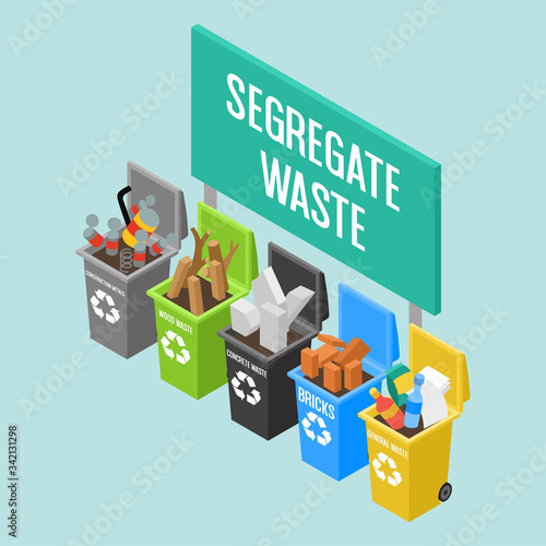 Isometric 3d vector illustration - Waste and Housekeeping in Sites Management - wood, concrete, metal, plastic, bricks small recycle bins