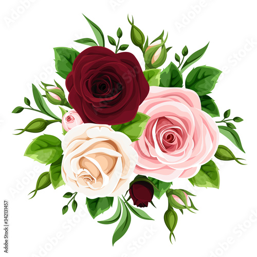 Vector bouquet of pink, burgundy and white roses isolated on a white background.