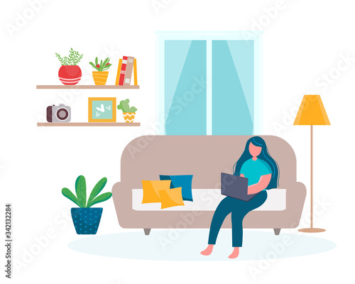 Girl with laptop on sofa sits. Staying and working at home. Young girl working from home. Self-isolation shield from coronavirus. Remote work from home during Quarantine. Illustration in flat style