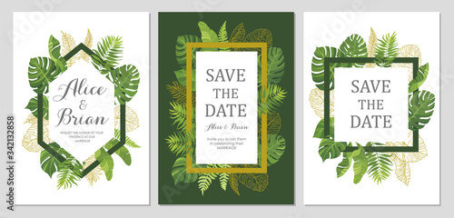 Wedding invitation set. Cards with tropical green leaves and line art graphic. Floral border. Save the date, invite, birthday card design. Vector illustration.