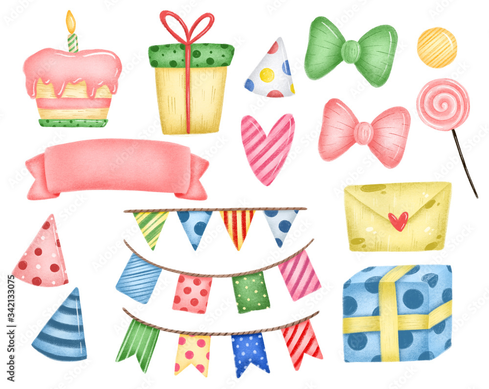 Cute cartoon happy birthday set on a white background. Cake, gifts, birthday hat, flags, garlands, pennant banners, postcard, letter, candy, heart, ribbon, bows Cute cartoon happy birthday set on a white background. Cake, gifts, birthday hat, flags, garlands, pennant banners, postcard, letter, candy, heart, ribbon, bows