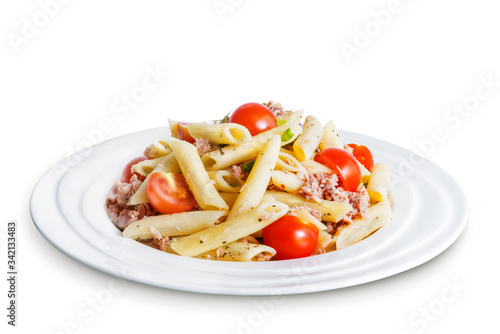 Canned Tuna tomato garlic parsley salad on a white isolated background