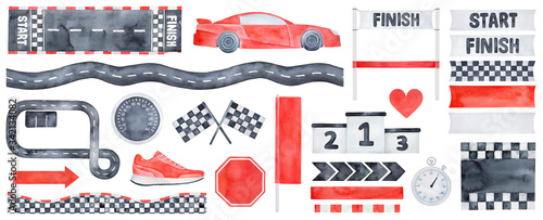 Big Racing Collection of various speed symbols, motor sport signs, flags, arrows, award pedestal, sneaker, love heart and seamless borders. Hand drawn watercolour painting, cutout elements for design. photo
