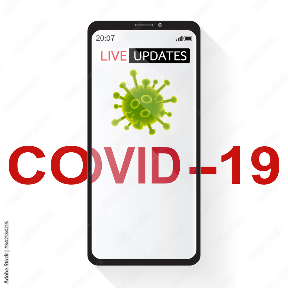 Coronavirus live updates read on smartphone. Top view of red Covid-19 text, live updates text and coronavirus on a white screen. Vector illustration isolated on white background Coronavirus live updates read on smartphone. Top view of red Covid-19 text, live updates text and coronavirus on a white screen. Vector illustration isolated on white background