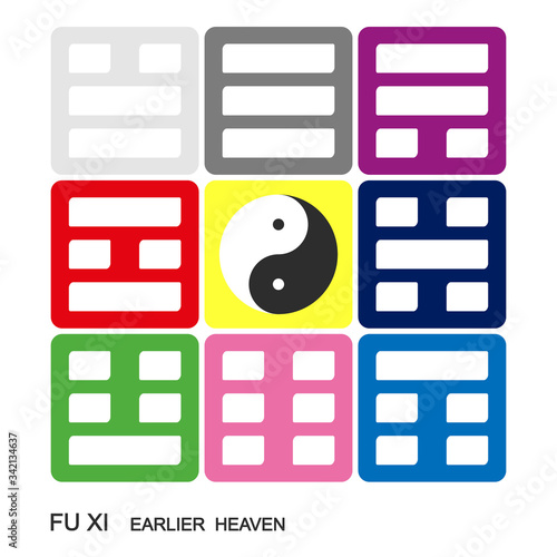 Vector Yin and yang symbol Chinese Feng Shui Bagua Quadrat. Fu Xi "Earlier Heaven" Bagua arrangement
