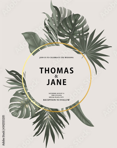 Tropical vintage Safari leaves with gold frame isolateed vector. Jungle exotic rainforest palm leaves save the date card, invitation, summer art