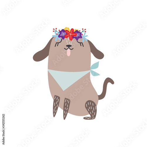 Cute dog wearing flower crown and bandana bib sitting