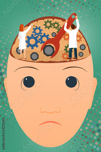 Treatment of psychological problems, nervous diseases. Doctors restore brain activity. Elimination of psychiatric symptoms. Vector in a flat style, abstract background.