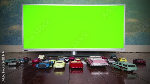 retro toy cars Drivin in Movie  with green screen 