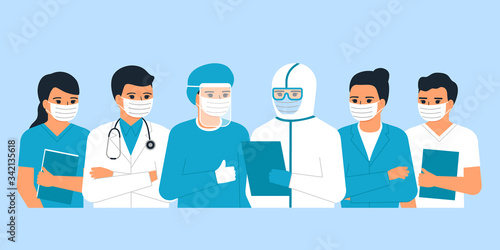 Doctors and nurses medical personnel, man and woman medical professional is hero. Health care worker. Fight against covid-19 viruses. Vector illustration