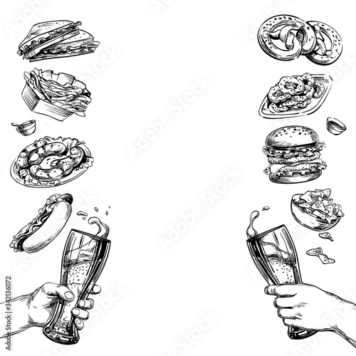 Clinking Cheers beer glasses in hands. Snacks and food. Malt drink with a foamy splash. Hamburger, hot dog, french fries, pretzel, sausages, squid rings. Bar, Tavern, Restaurant  menu Template. Vector