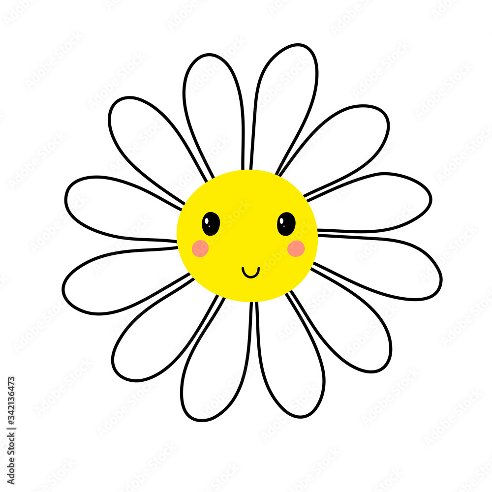 Kawaii daisy. Cute camomile isolated on white background. Cartoon character flower. Smiling Doodle face. Kawaii camomile mascot for prints, packaging, children's coloring. Vector stock illustration Kawaii daisy. Cute camomile isolated on white background. Cartoon character flower. Smiling Doodle face. Kawaii camomile mascot for prints, packaging, children's coloring. Vector stock illustration