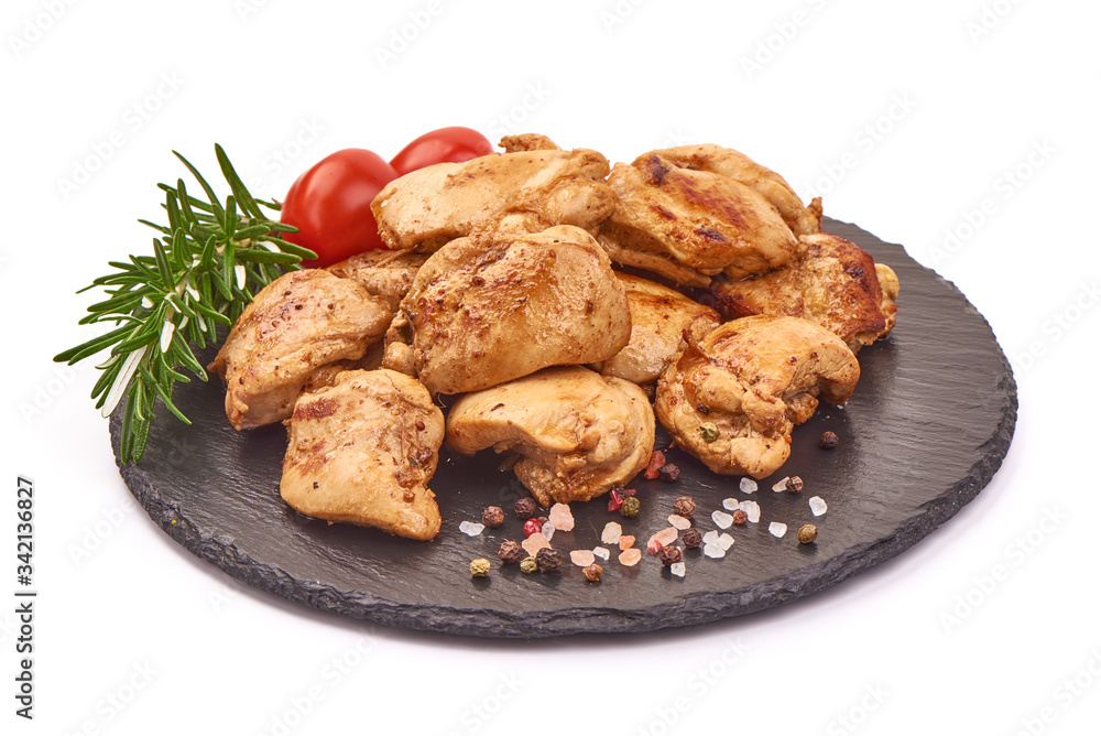 Roasted chicken kebab. Grilled meat, BBQ, isolated on white background