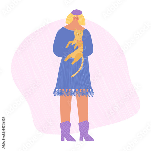 Cute Woman caring for a cat. Vector illustration.