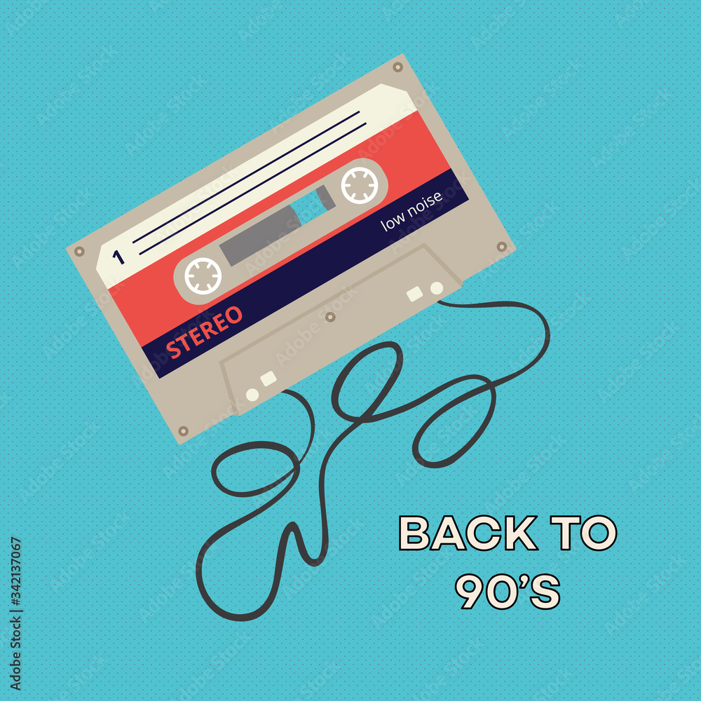 Back to 90's - retro poster template with unrolled audio cassette tape