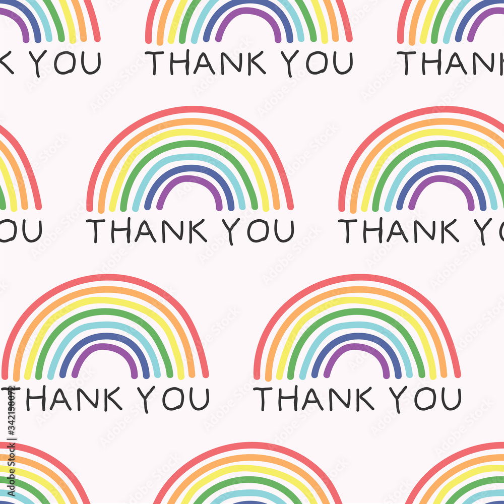 Thank you text and drawn rainbows pattern. Key workers support. Backgrounds, wrapping, gifts, scrapbooking. Vector illustration. Thank you text and drawn rainbows pattern. Key workers support. Backgrounds, wrapping, gifts, scrapbooking. Vector illustration.