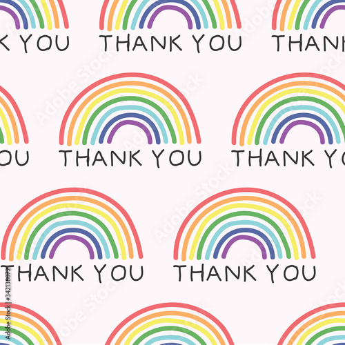 Thank you text and drawn rainbows pattern. Key workers support. Backgrounds, wrapping, gifts, scrapbooking. Vector illustration.