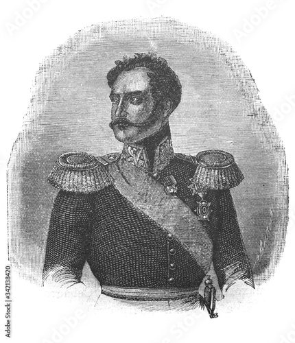 Portrait of Emperor Nicholas I, the Imperor of Russia in the old book the World and Russian History, by I. Khruschev, 1887, St. Petersburg photo
