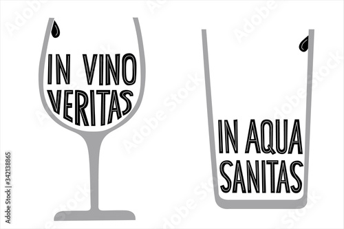 The Latin phrase ‘In vino veritas, in aqua sanitas” means truth in wine, health in water. Vector hand drawn lettering on a white background. Typography design for t-shirt print, card photo