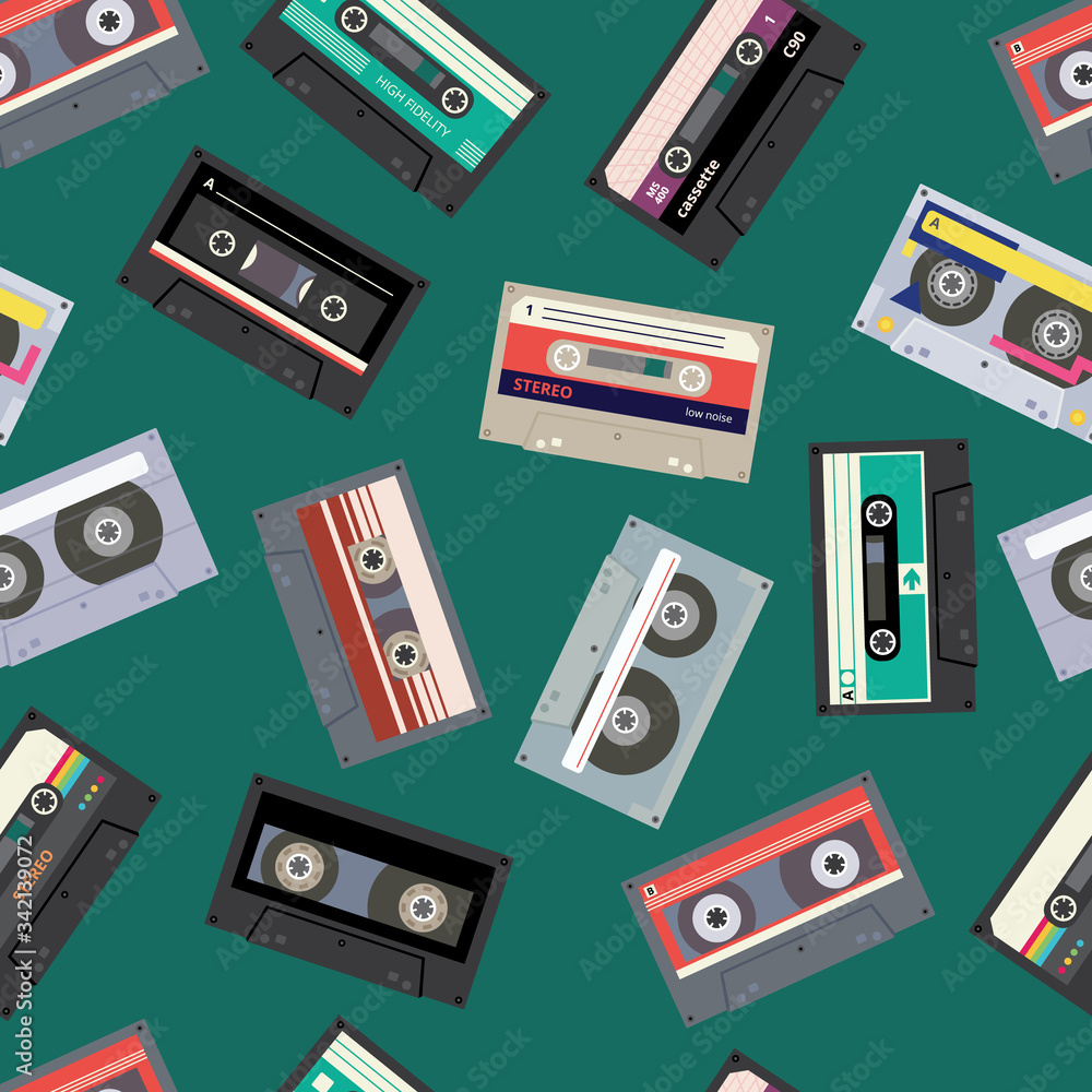 Fototapeta premium Retro cassette tape seamless pattern, flat cartoon vector illustration on green.